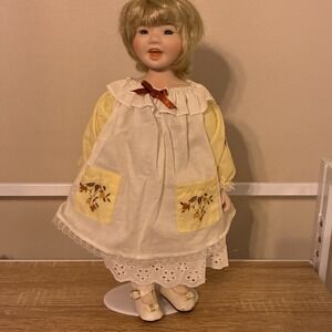 Vintage‎ Girl Porcelain Doll W/Spring Yellow Floral Dress